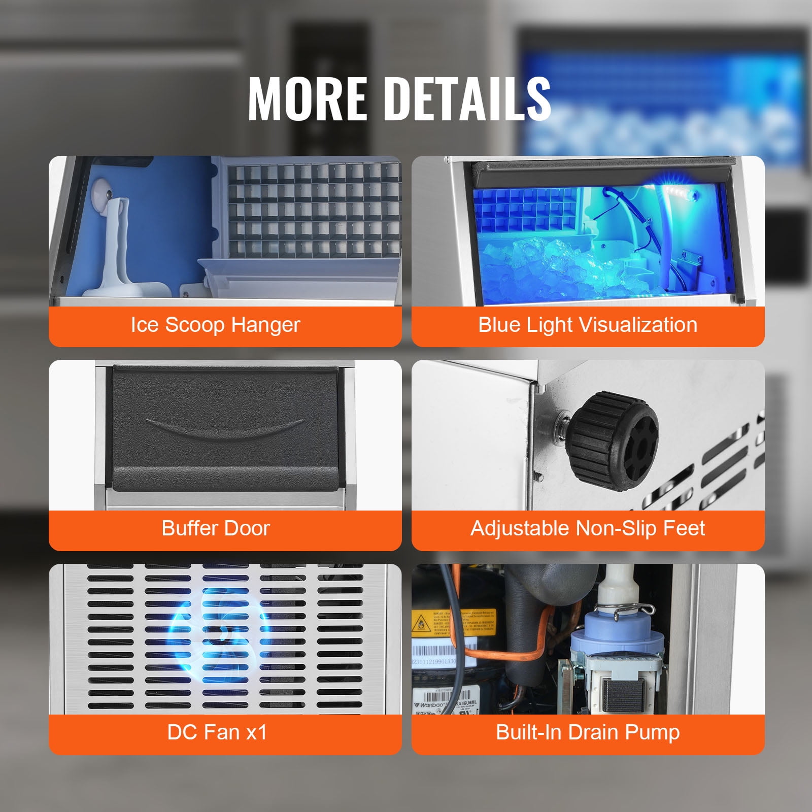 VEVOR Commercial Ice Maker 110-120lbs/24h with 33lbs Bin and Electric Water Drain Pump, Clear Cube, Stainless Steel Construction, Auto Operation