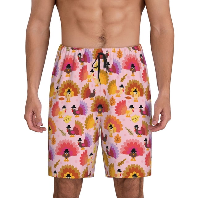 Balery Happy Thanksgiving Turkey Pantalones cortos de pijama de punto de algodón para hombre con cinturilla y bolsillos-Small