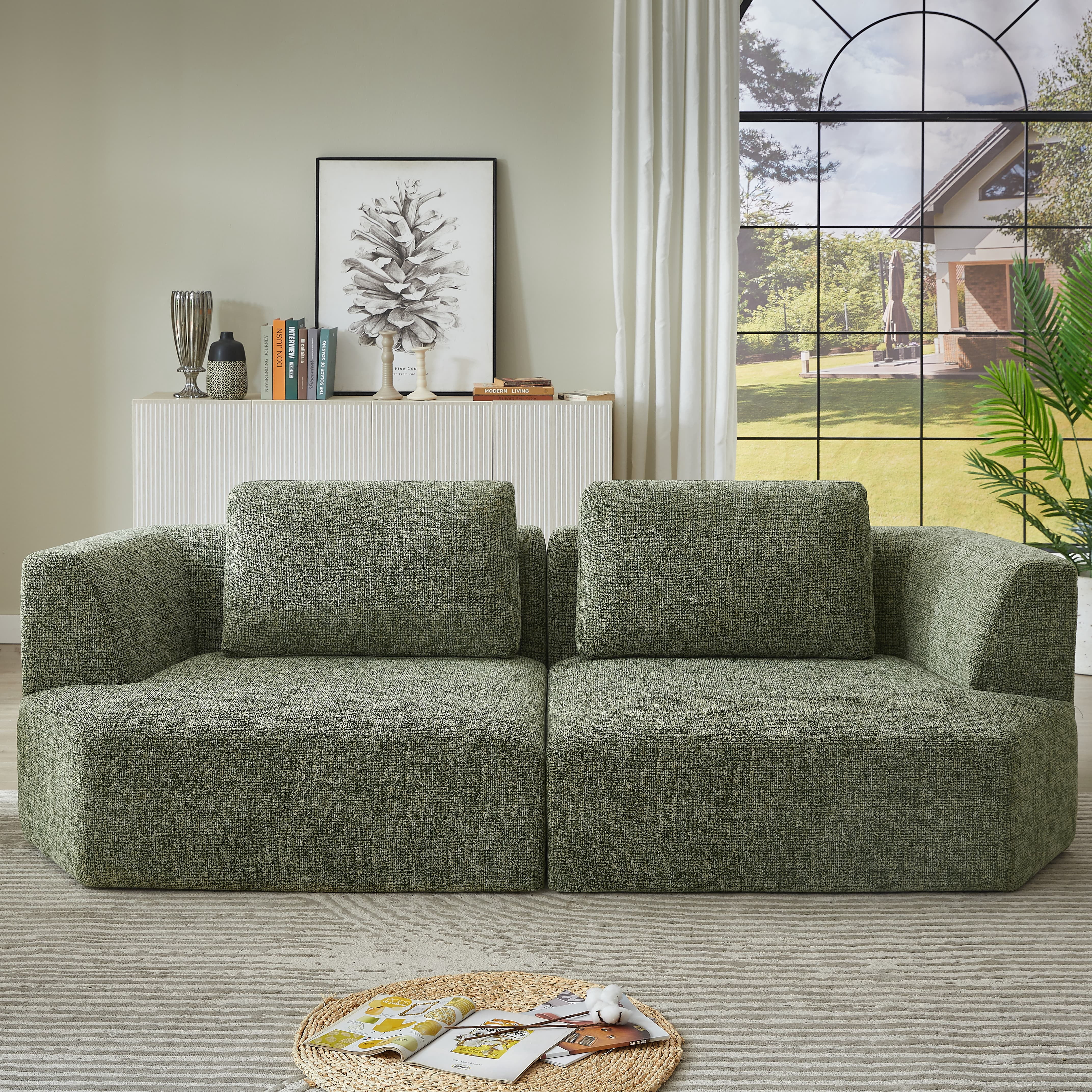 MAYEERTY Oversized 3 Seater Compressible Chenille Sectional Sofa, Modern & Space-Saving for Living Room, 98*43*32"Green