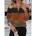 thumbnail image 4 of Camiseta de Larga para Mujer, Cuello Redondo, Estilo Casual, con Media Cremallera, Estampado Geométrico y Bloques de Color. Marrón Oscuro M, 4 of 8