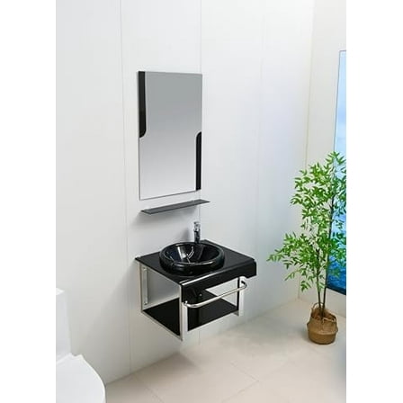 Lorixon 24" Modern Bathroom Vanity Set, Black Tempered Glass Top, Mirror, Shelves