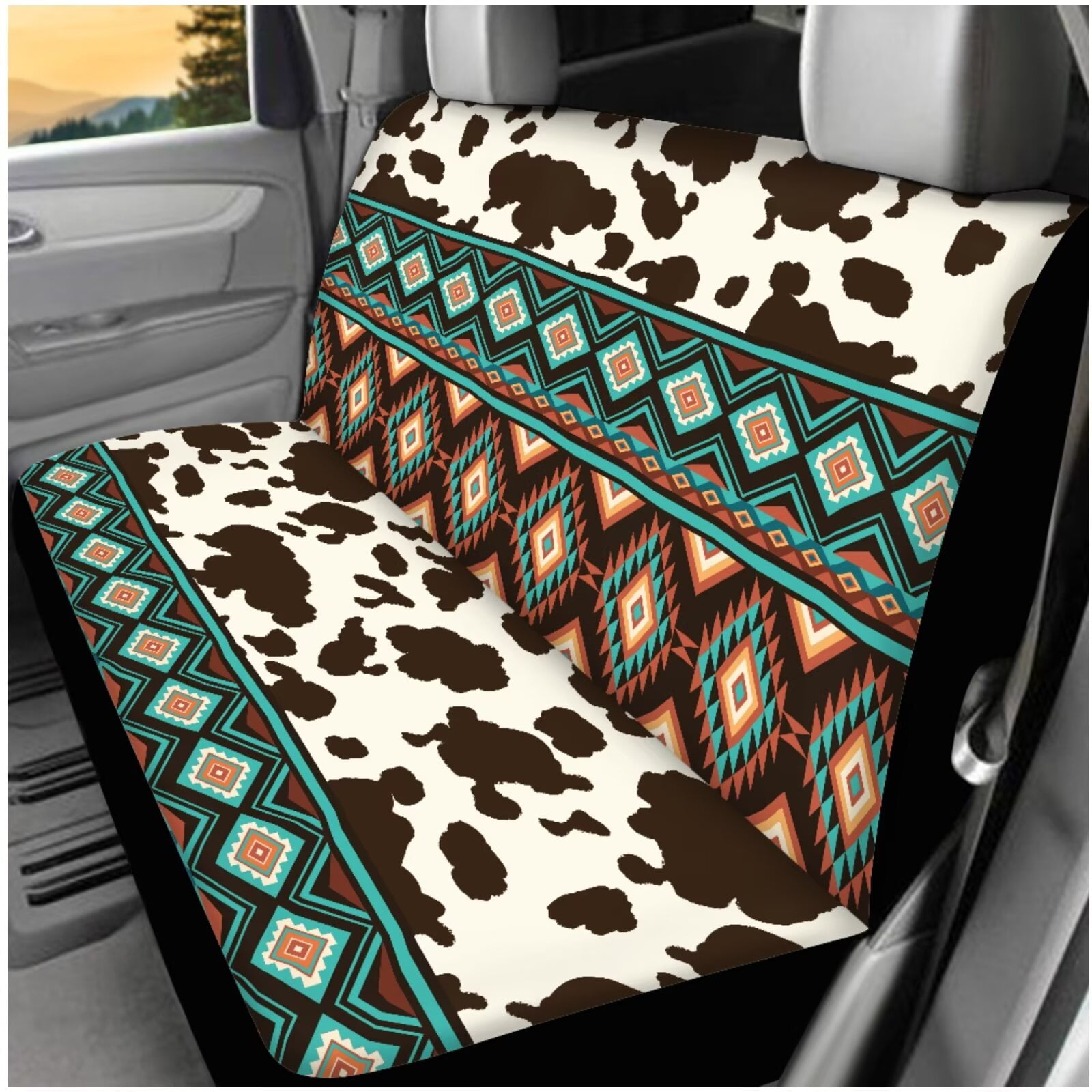 Yuyamidu Cow Print Car Seat Cover Full Set of 14 Southwest Aztec Steering Wheel Cover Seat Belt Covers Center Console Pad Cup Holder Headrest Covers Key Chain