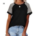 thumbnail image 2 of Femmes T-Shirt Couleur Bloc à Manches Courtes Top en Vrac Femmes Col Rond Blouse Ronde Causale, Noir, M, 2 of 6