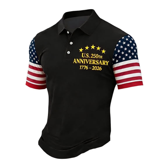 Dwelliawo Men's 250th Anniversary National Flag Print Polo Shirt 1776-2026 Freedom Short Sleeve Waffle Shirt American Flag Casual Shirts Polo Top Black XL