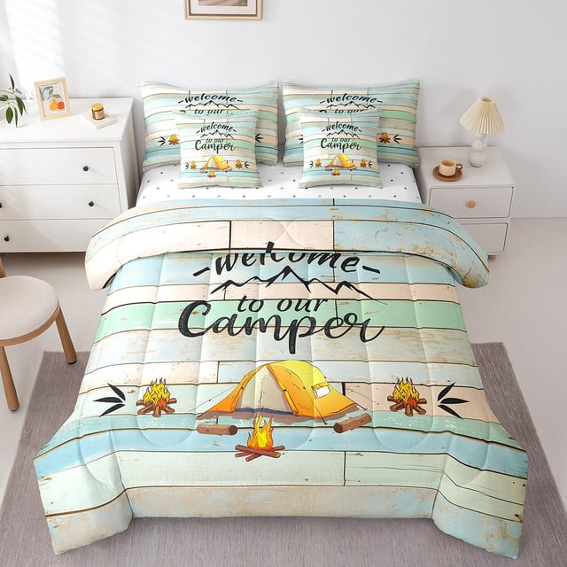 YST Rustic Farmhouse Wooden Theme 7-Piece Bedding Set, Happy Camping Comforter Set, King