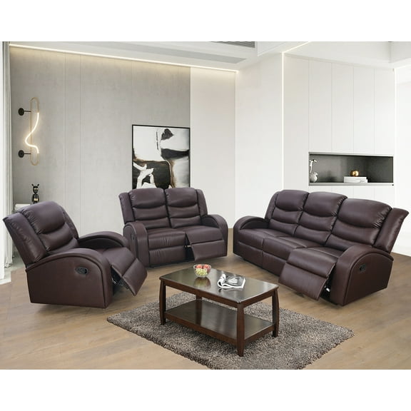 Leather Recliner Sofa Set, Living Room Furniture Set, Leather Reclining Sofa Recliner Couch Set for Office Home(Sofa Loveseat Chair,Brown)