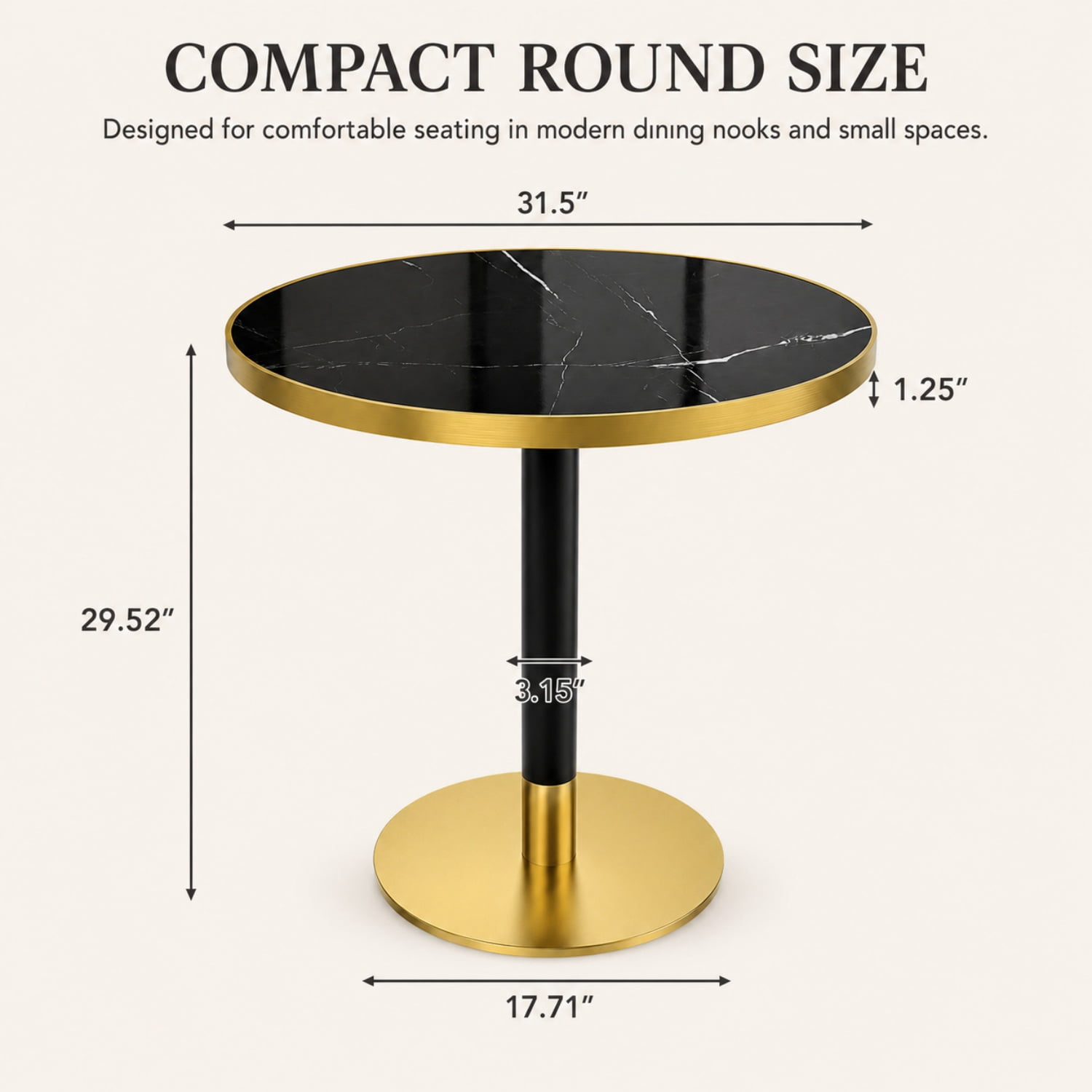 Miniyam 31.5 in. Round Tulip Dining Table for 2-4, Glossy Stone-Look Pedestal Table for Kitchen or Small Spaces, Black