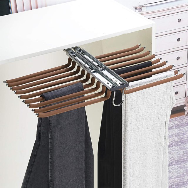 Pull-Out Trousers Rack Drawer,Pants Hangers,Multi Functional Pants Rack,Space Saving,Easy Installation,Non-Slip,Can Store 18 Pairs of Pants (Brown)