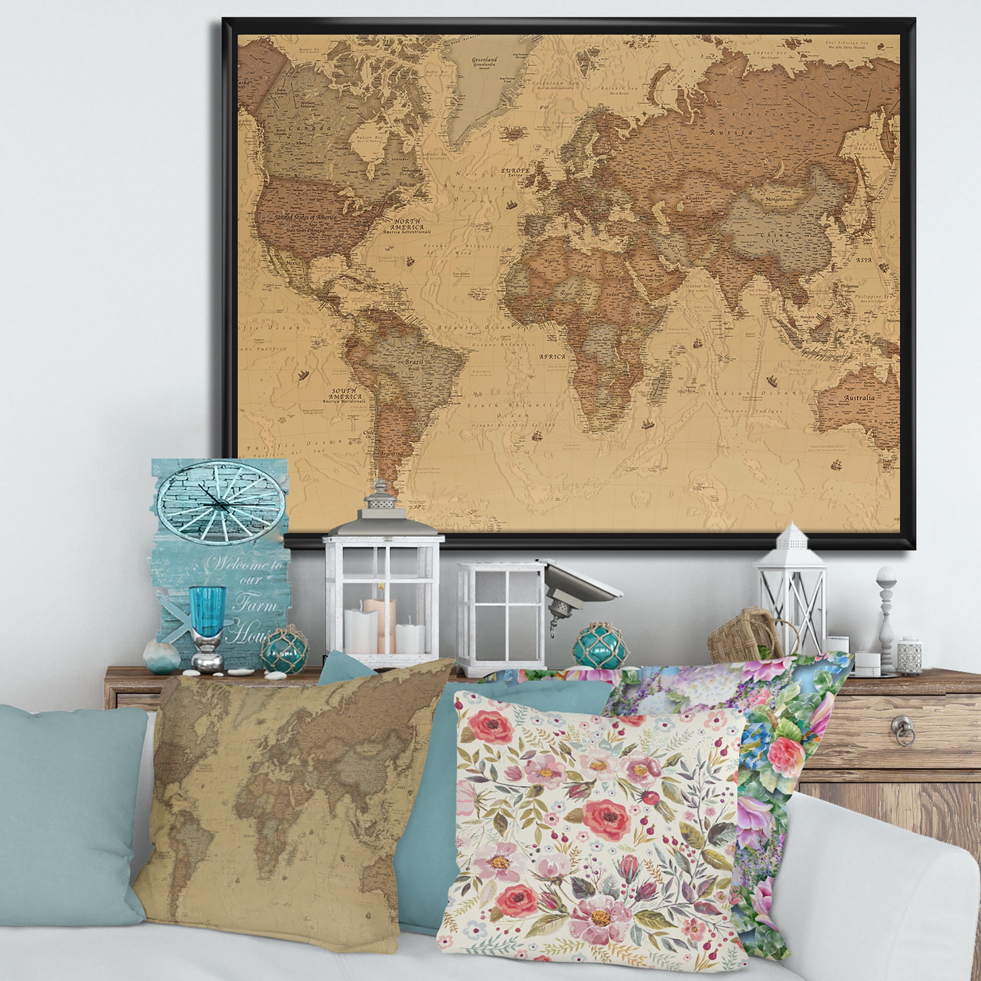 Designart 'Ancient World Map III' Vintage Framed Canvas Wall Art Print