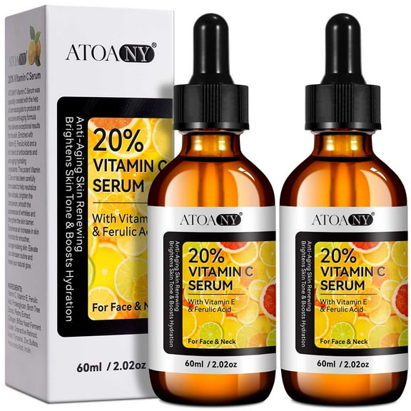 Atoany 2Pack 20% Vitamin C Serum, Anti Aging Face Essence with Vitamin E, Ferulic Acid, Collagen, Firm Skin - Hydration - Antioxidant - Even Tone