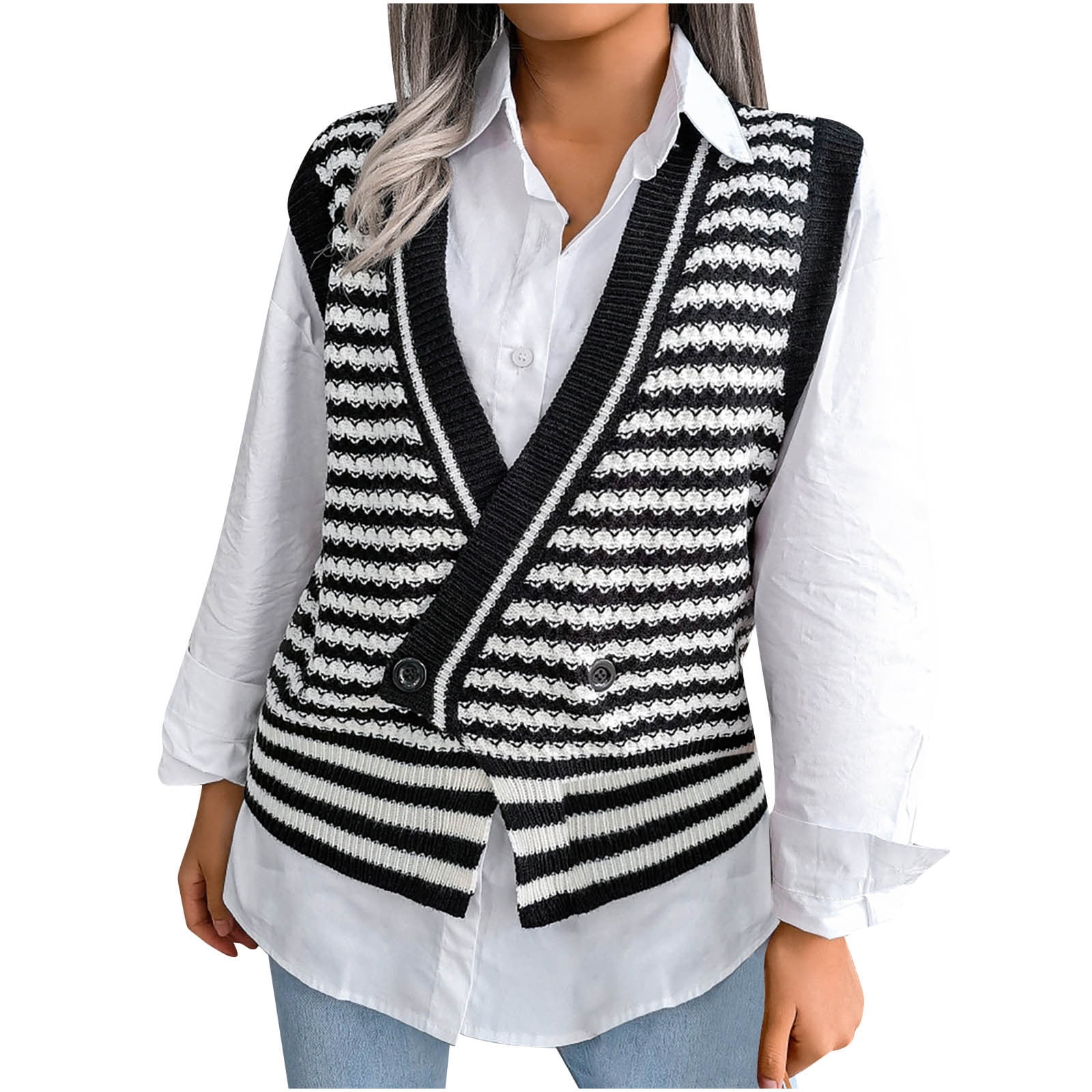 Womens Button Down Sweater Vest Fall Fashion Striped Print Sleeveless  Cardigan Winter Open Front Knitted V Neck Shirts - Walmart.com