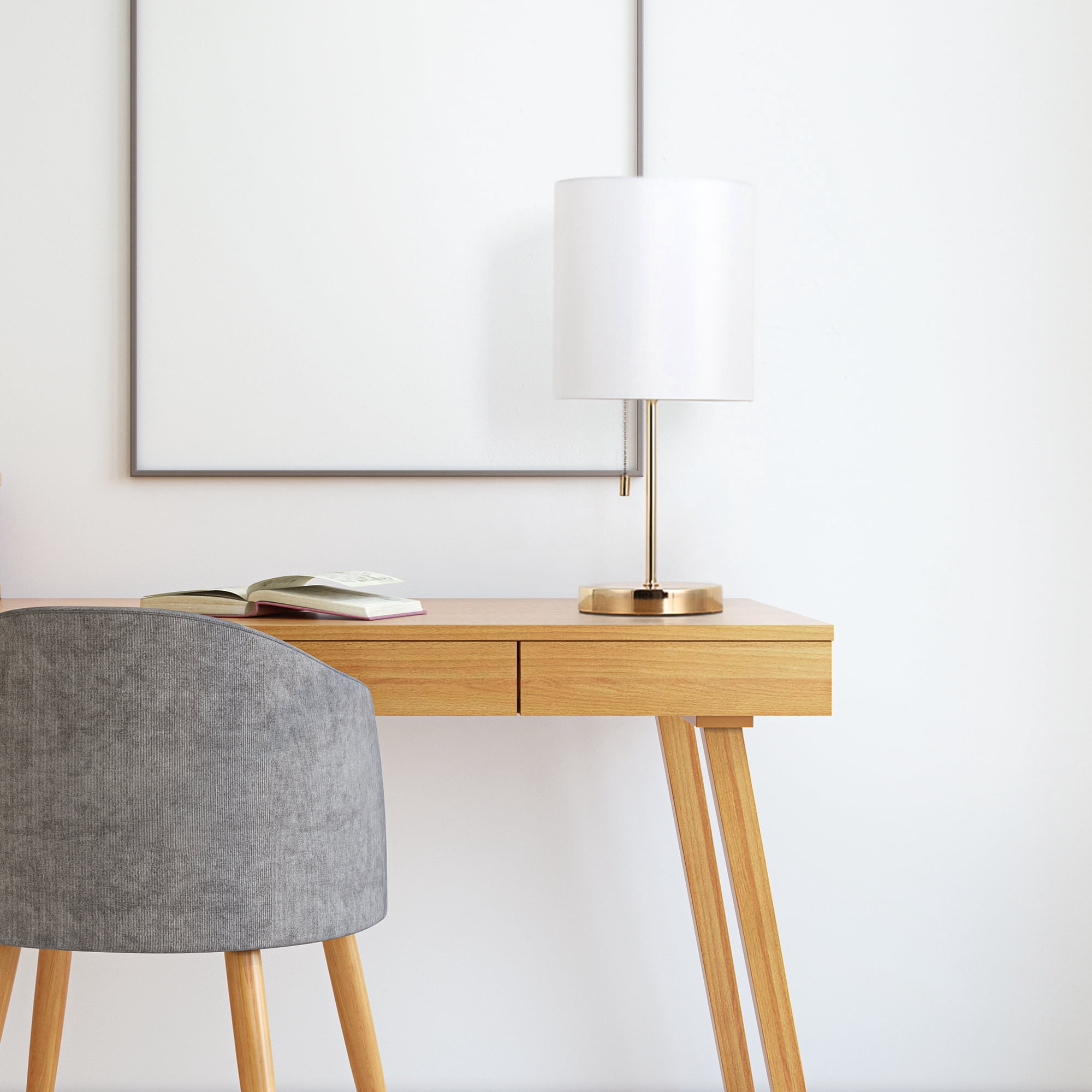 Modern Gold Desk Lamp with Metal Base and White Fabric Lamp Shade
