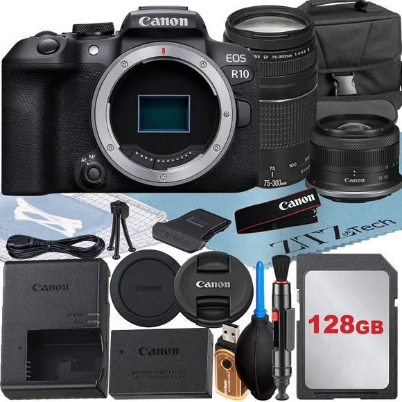 Canon EOS R10 Mirrorless Camera with RF-S 18-45mm + EF 75-300mm Lens + 128GB Memory Card + Case + ZeeTech Accessory Bundle