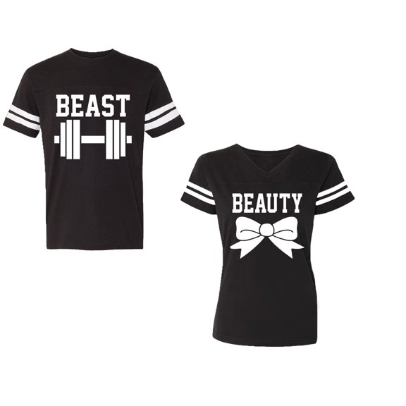 Old Beast Beauty Unisex Couple Matching Cotton Jersey style T-Shirt Contrasting stripes on sleeves (Men Black / Women Black) (Men XL / Women S)