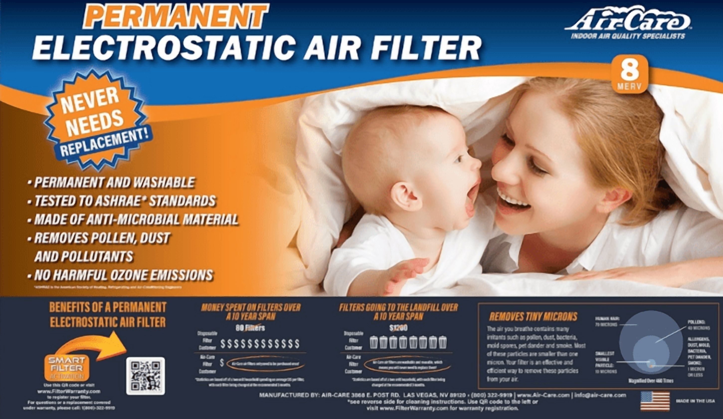 Air-Care 12x20 Electrostatic Flexible Permanent Washable HVAC Furnace Filter, MERV 8