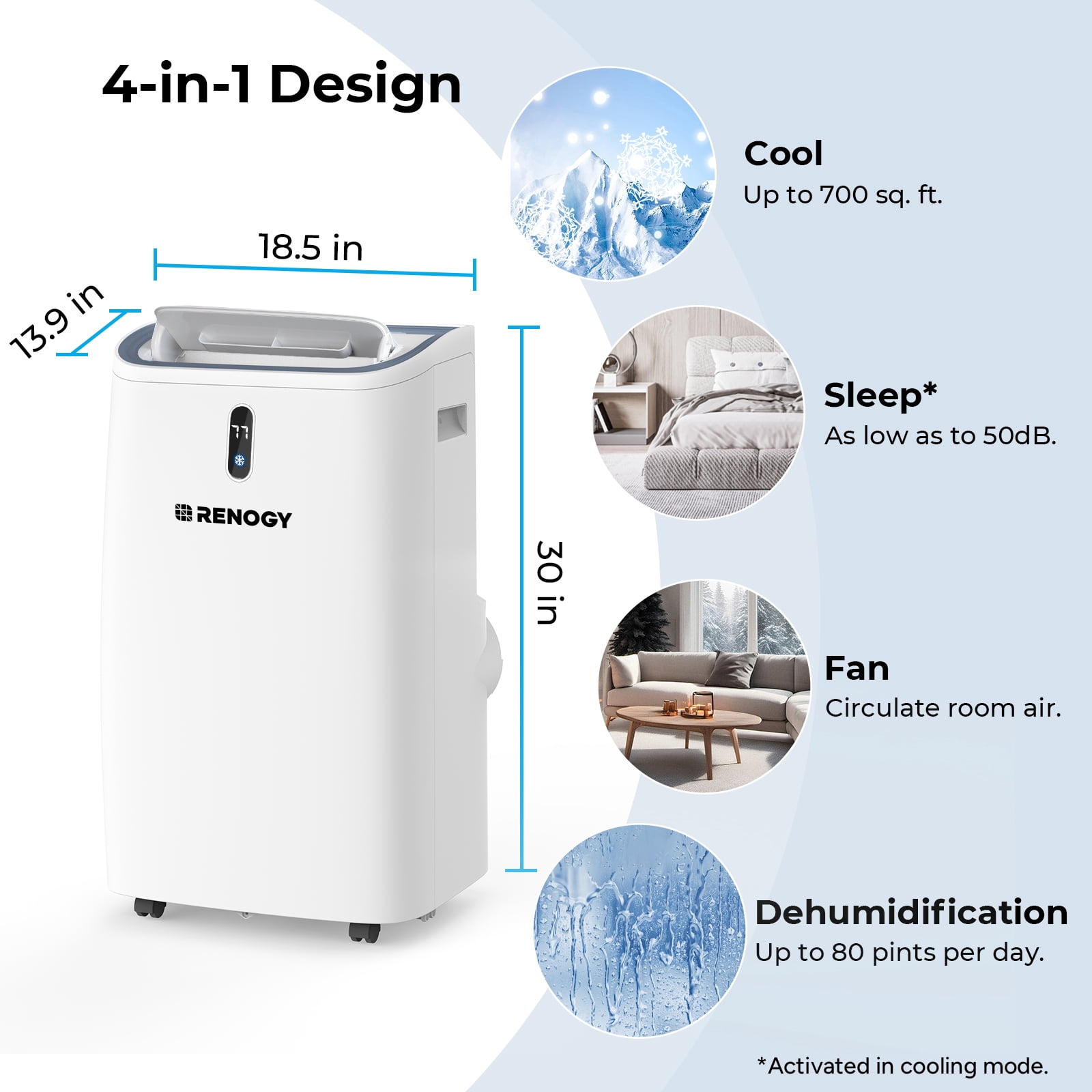 Renogy 10000 BTU Smart WiFi Enabled Portable Air Conditioner, Cooling, Dehumidifier, Fan & Sleep Modes 4-in-1 Portable AC w/ Remote Control & Window Kit, Cools Up To 450 sq. ft, 1-24H Timers