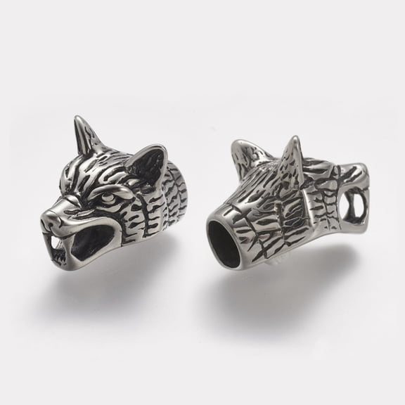304 Stainless Steel Cord Ends End Caps For Leather Cord Bracelets Making Wolf Head Antique Silver 27.5x18x16mm Hole: 8mm
