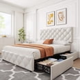 thumbnail image 4 of Blanca queen-size platform marco de cama con faux leather upholstery 4 almacenamiento cajones adjustable y diamond-stitched button-tufted cabecero-no necesita colchón base, 4 of 6