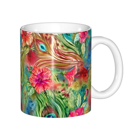 

Yiaed Peacock Feathers And Flowers Print Ceramics Coffee Large Handle Design Extra Large Tea and Coffee Cup for Office and Home Mugs