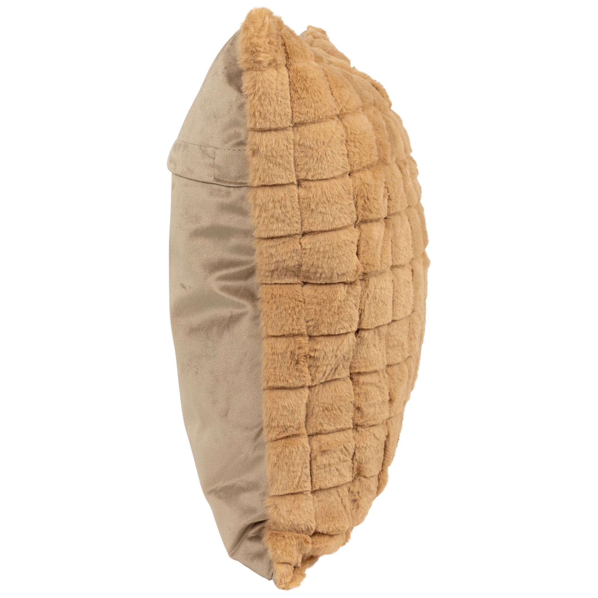 17" Khaki Rabbit Faux Fur Plaid Pattern Square Throw Pillow