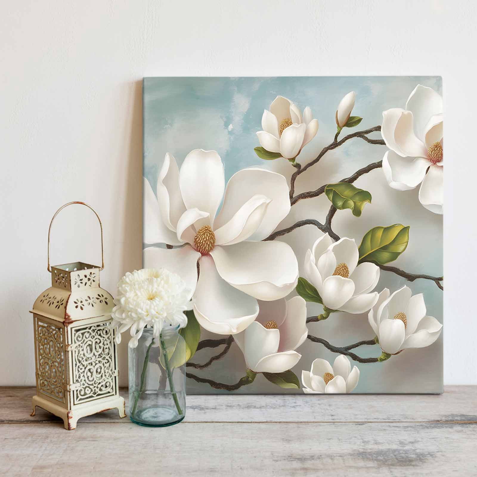 Magnolia Farmhouse Canvas Wall Art, White Floral Vintage Pastoral Botanical Framed Wall Decor Modern Artwork Prints Painting for Living Room, Bedroom, Kitchen & Cafe Decor 28x28 Inch