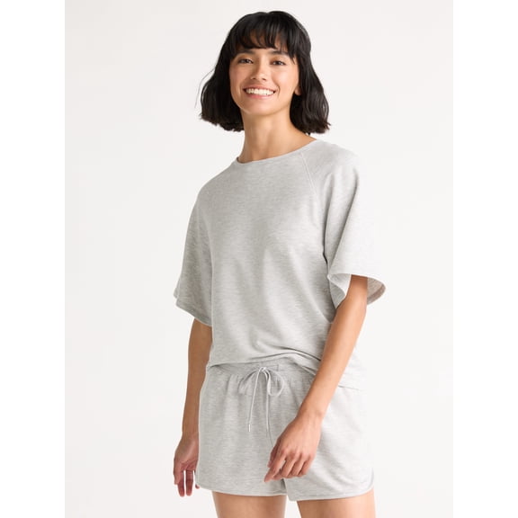 Joyspun Women's French Terry Short Sleeve Top and Shorts Pajama Set, 2-Piece, Sizes XS-3X