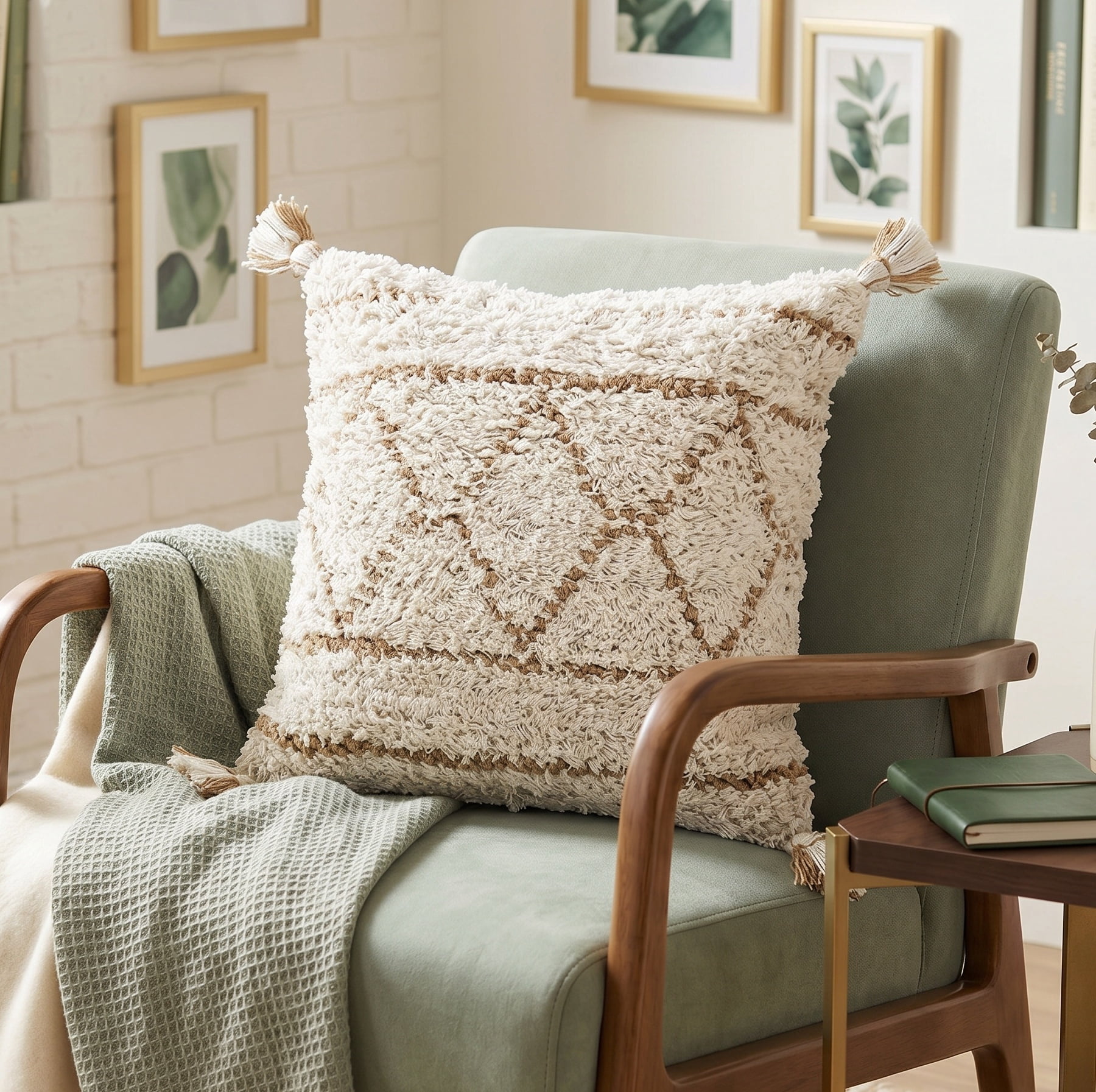 Laddha Home Designs Handwoven Diamond Throw Pillow Cover - 20" - Cream and Beige