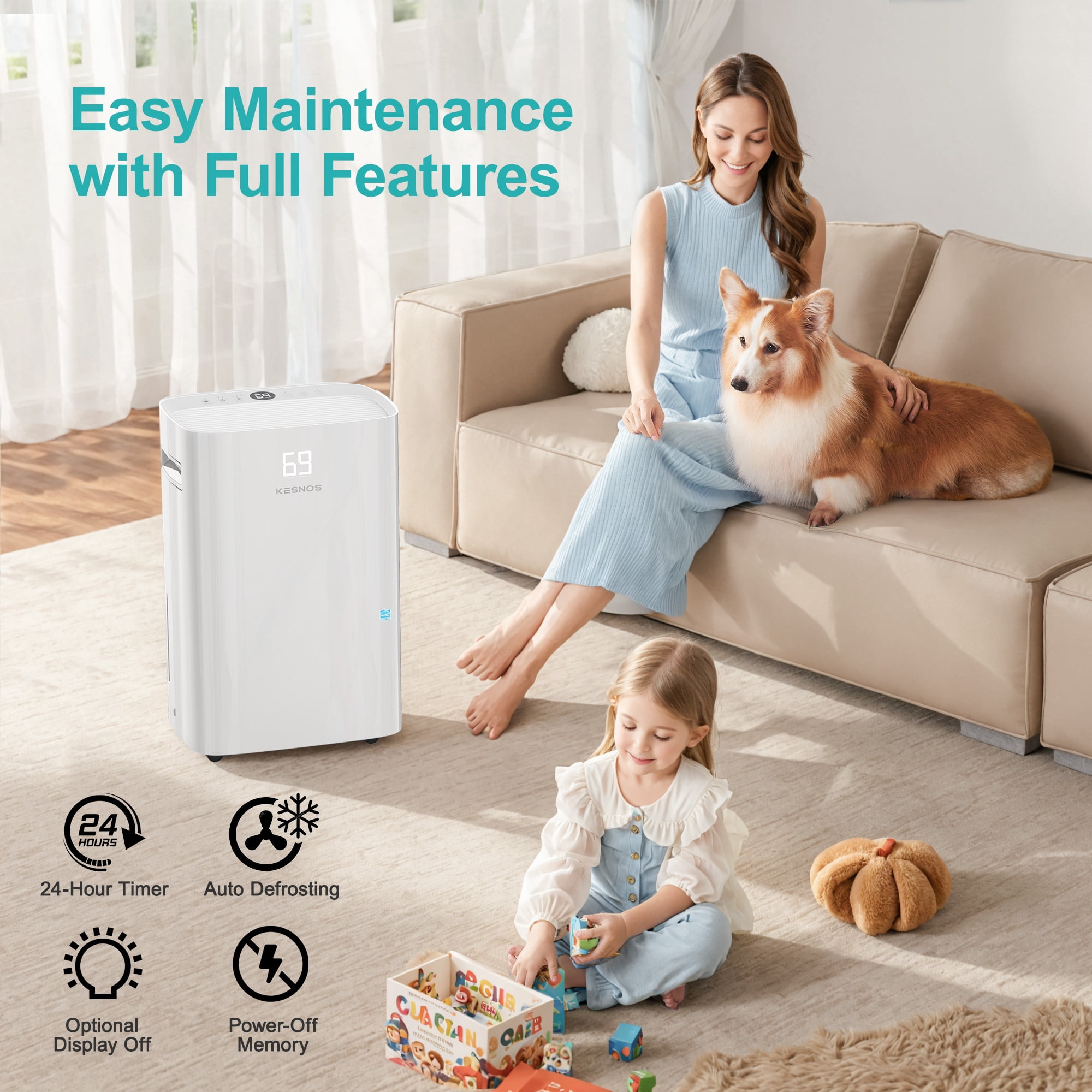 Kesnos 50 Pints Energy Star Dehumidifier for 4500 Sq. Ft, Most Efficient 2025 Certified, Intelligent Humidity Control, 24H Timer, Auto Drain, Quiet Operation for Home Basement Large Room, White