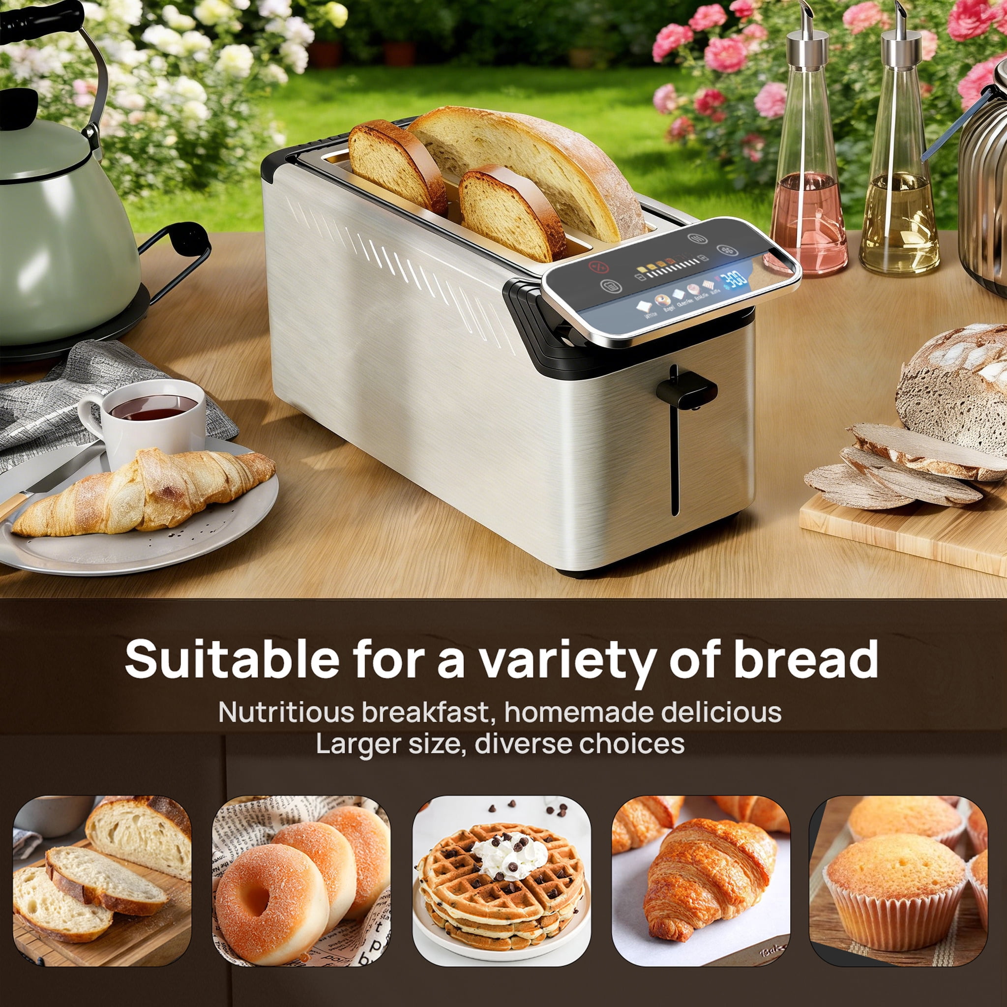 WHALLPRO 4 Slice Long Slot Toaster, Touch Screen with Projection Display,1.5" Wide Slots, 5 Bread Types & 11 Shade Settings
