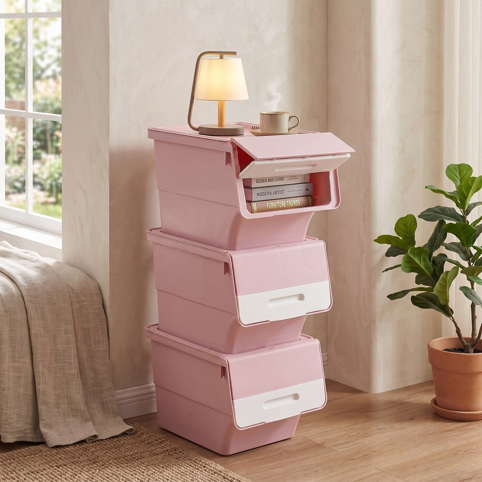 Furnibear Set of 3 Stackable 35 QT Storage Bins on Wheels with Flip Door and Stay-Open Lid for Bedroom and Closet Use, Pink
