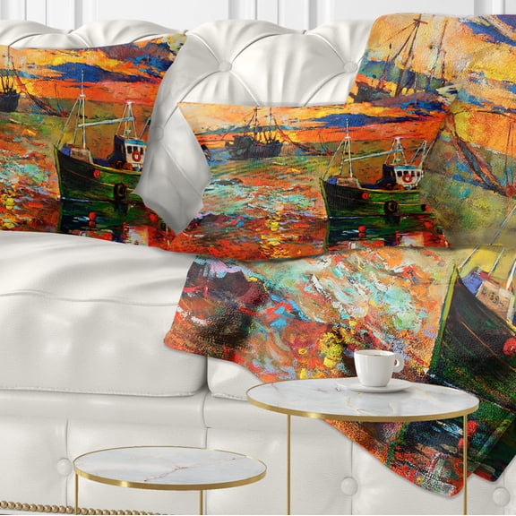 Designart Colorful Fishing Ships - Seascape Throw Pillow - 12x20