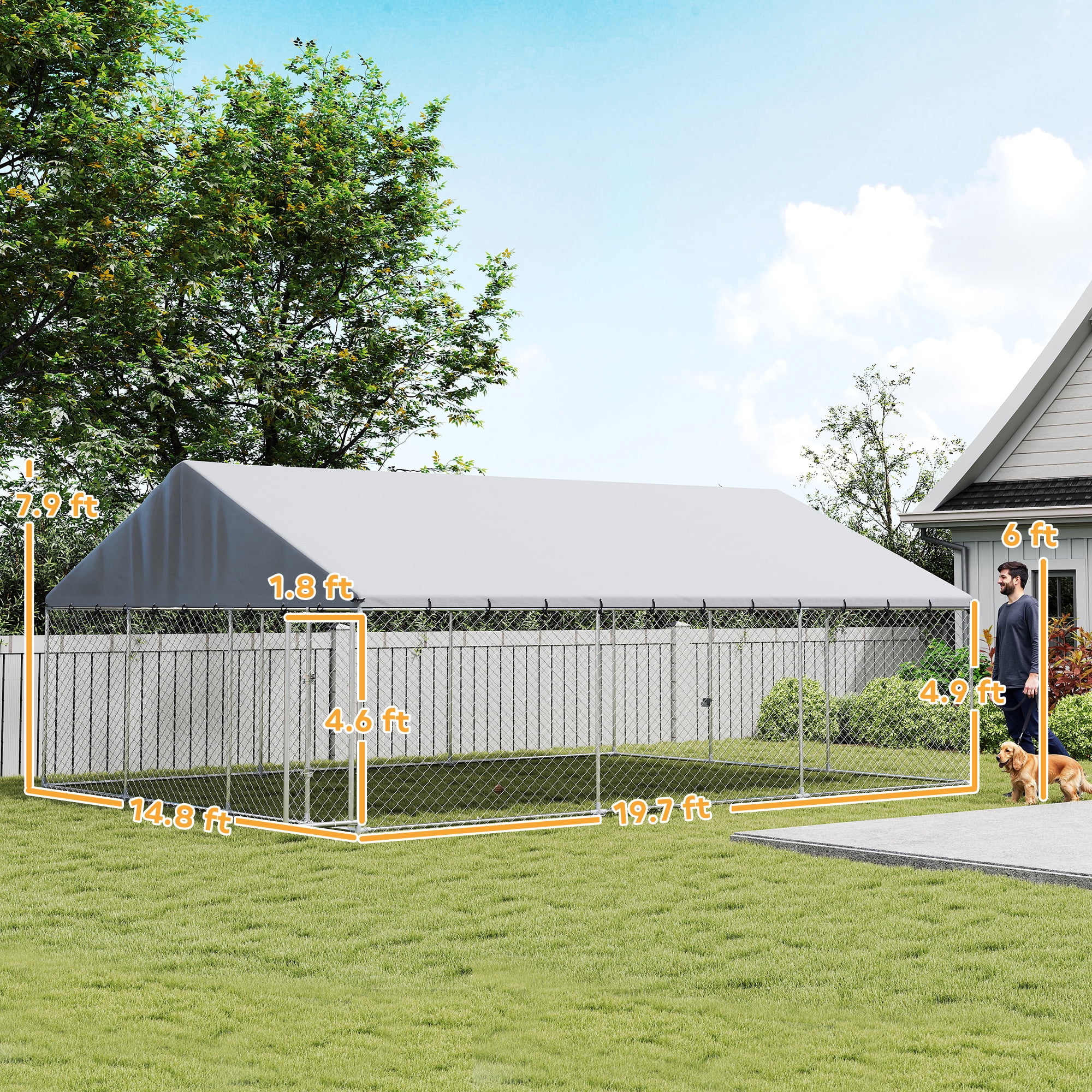 PawHut Outdoor Dog Kennel, Heavy Duty Large Dog Kennel Outside with Waterproof Roof, 2 Secure Latches, Dog Run for Backyard, 20' x 15' x 8'
