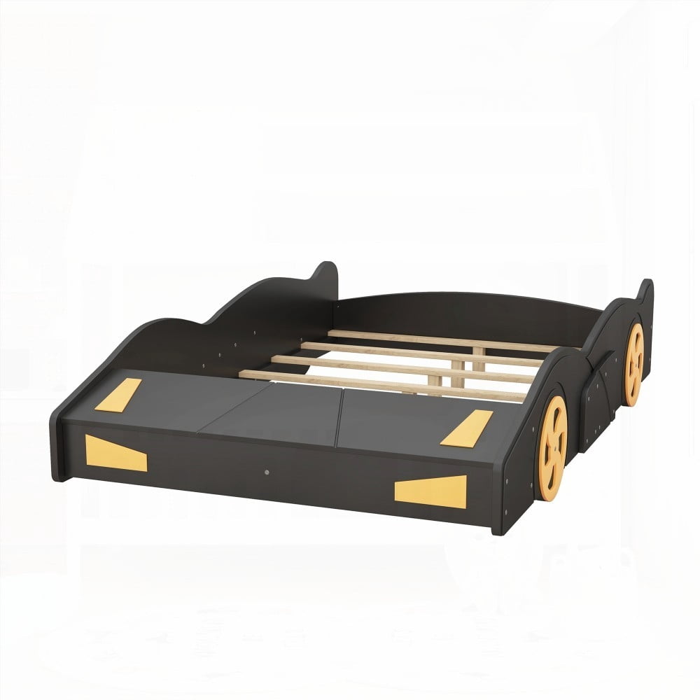 Solid Pine Wood Race Car Bed with Storage & Wheels | Black+Yellow