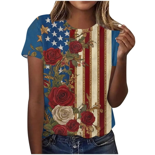 Tops de Ajuste Suelto para las Mujeres de Manga Corta Cuello Redondo Impreso Superior Luz Suave Tela Transpirable para el Uso Diario