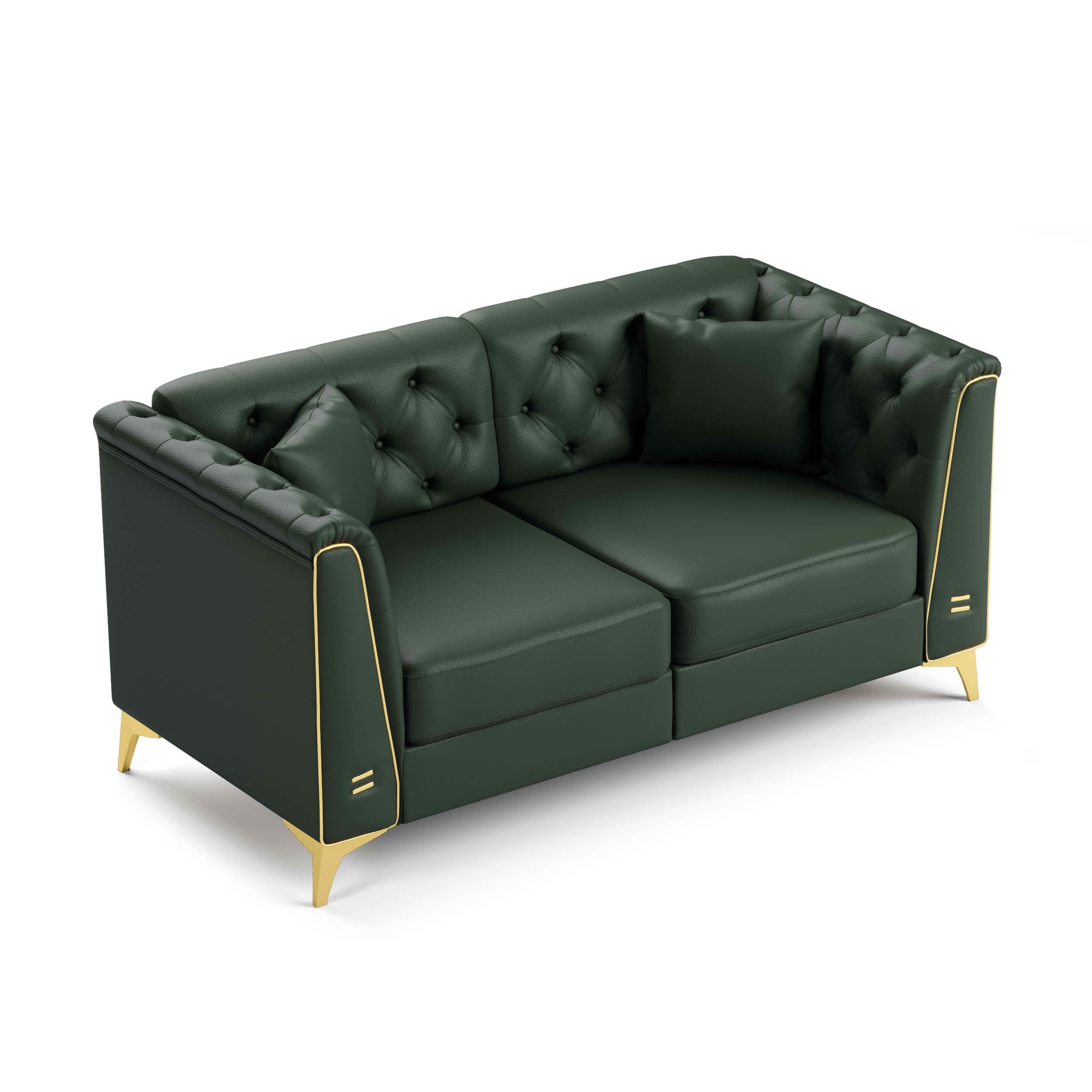 MAYEERTY 61.8" Light Luxury Modular Chesterfield 2‑Seater Sofa, Faux‑Leather Loveseat with Button Tufting, Metal‑Trim Armrest & Thin Metal Legs, 2 Pillows Included