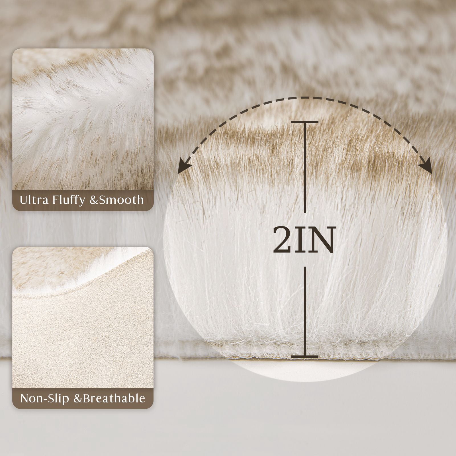 Phantoscope Ultra Soft Faux Fox Fur Light Brown, Indoor Area Rug, 3 x 3 ft, Round