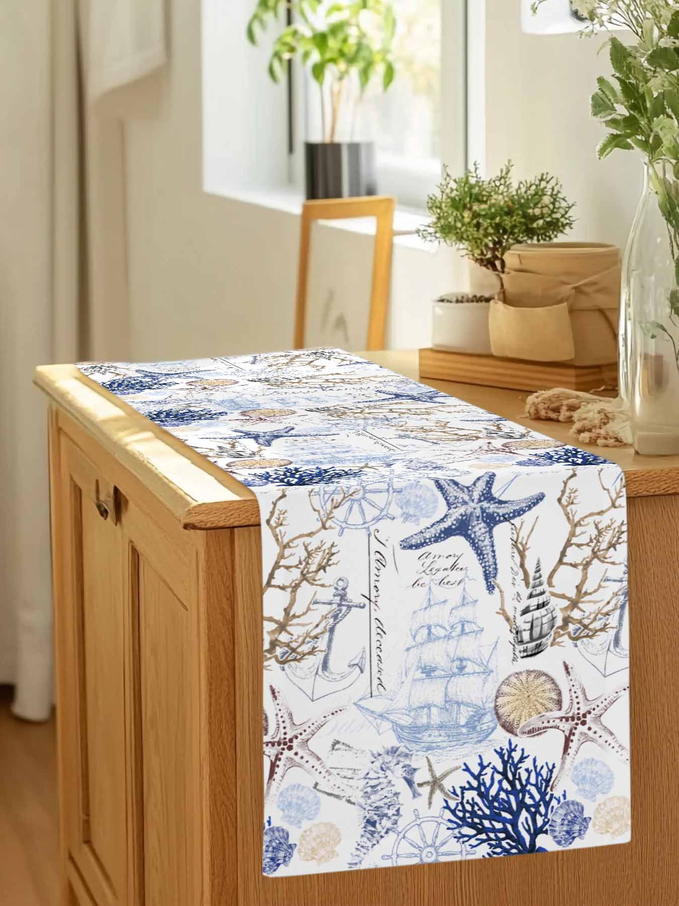 Ocean Starfish Blue Coral Table Runner 90 Inches Long, Nautical Anchor Vintage Boat Table Runners Tabletop Scarf Kitchen Dining Tables Decoration for Home Party Indoor Outdoor