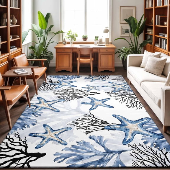 Large Area Rugs 6'x9', Coastal Blue Coral Carpet Runner Indoor Outdoor Rugs Home Decor Aesthetic, Summer Ocean Starfish Nautical Vintage Non Slip Mats Washable Accent Rug for Living Room Bedroom