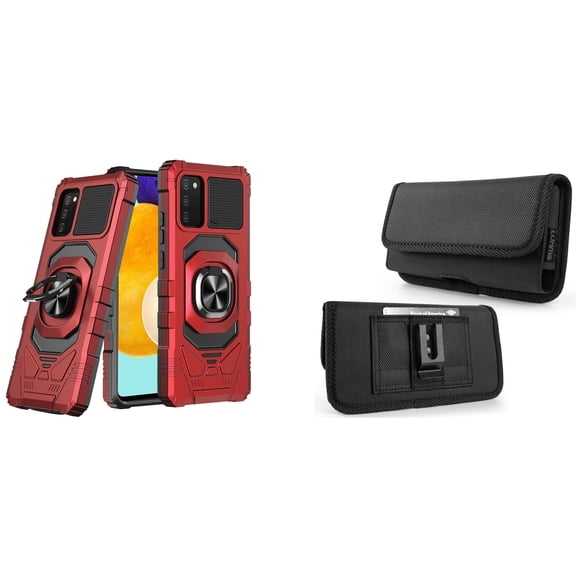 Case with Belt Holster Bundle for Samsung Galaxy A03s: Heavy Duty Series Protection Cover (Red) and Rugged Denim Nylon Phone Pouch (Grey)