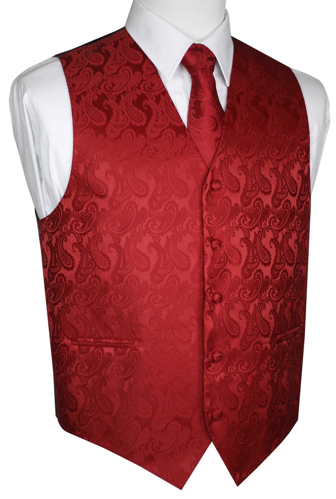 Italian Design, Men's Tuxedo Vest, Tie & Hankie Set Red Paisley