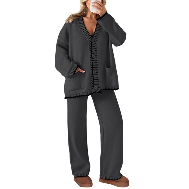 Conjunto Coordinado PRETTYGARDEN Cardigan y Pantalones de Pierna Ancha Gris Oscuro S
