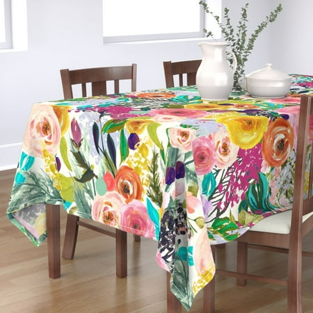 

Cotton Sateen Tablecloth 70 x 90 - Autumn Blooms Bright Big Floral Bold Colorful Summer Watercolor Botanical Spring Nursery Roses Print Custom Table Linens by Spoonflower