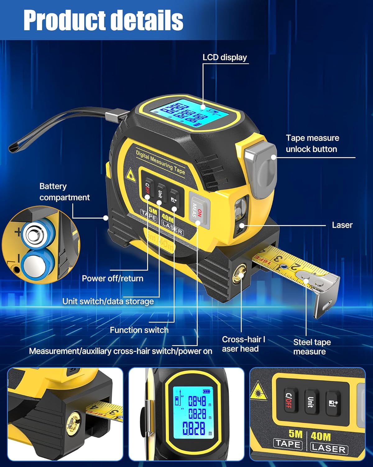 3-in-1 Digital Tape Measure & Laser Rangefinder with Cross Line, LED Display, Auto Lock, Measures Area, Volume & Pythagorean Theorem