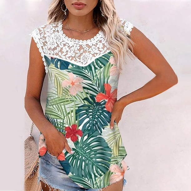 Fiudx Ofertas Relámpago Camisetas Sin Mangas de Encaje con Estampado para Mujer, Camisetas Sin Mangas con Empalme de Cuello Redondo, Camiseta Ligera y Cómoda Delgada