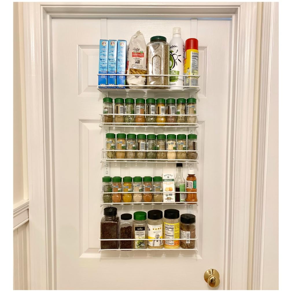 Evelots Over the Door Pantry Organizer -5 Tier Spice Rack -Holds up to 64 Spices & More - Adjustable Metal Baskets for Kitchen, Bathroom Storage & Organization (White) Easy Install Extra Deep Baskets