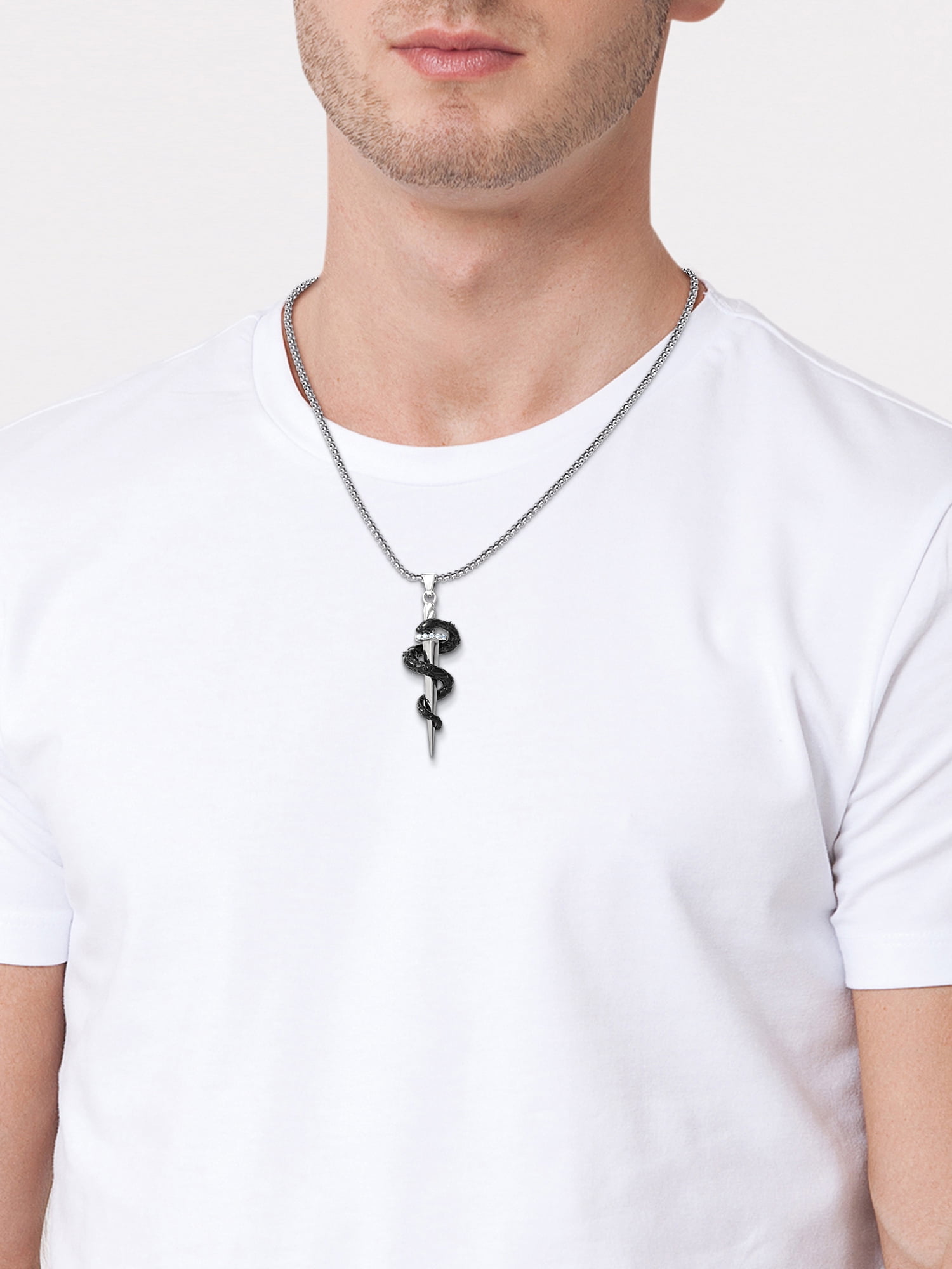 Brilliance Fine Jewelry Men's Stainless Steel Simulated Diamond Dagger Snake Pendant, 22 inches