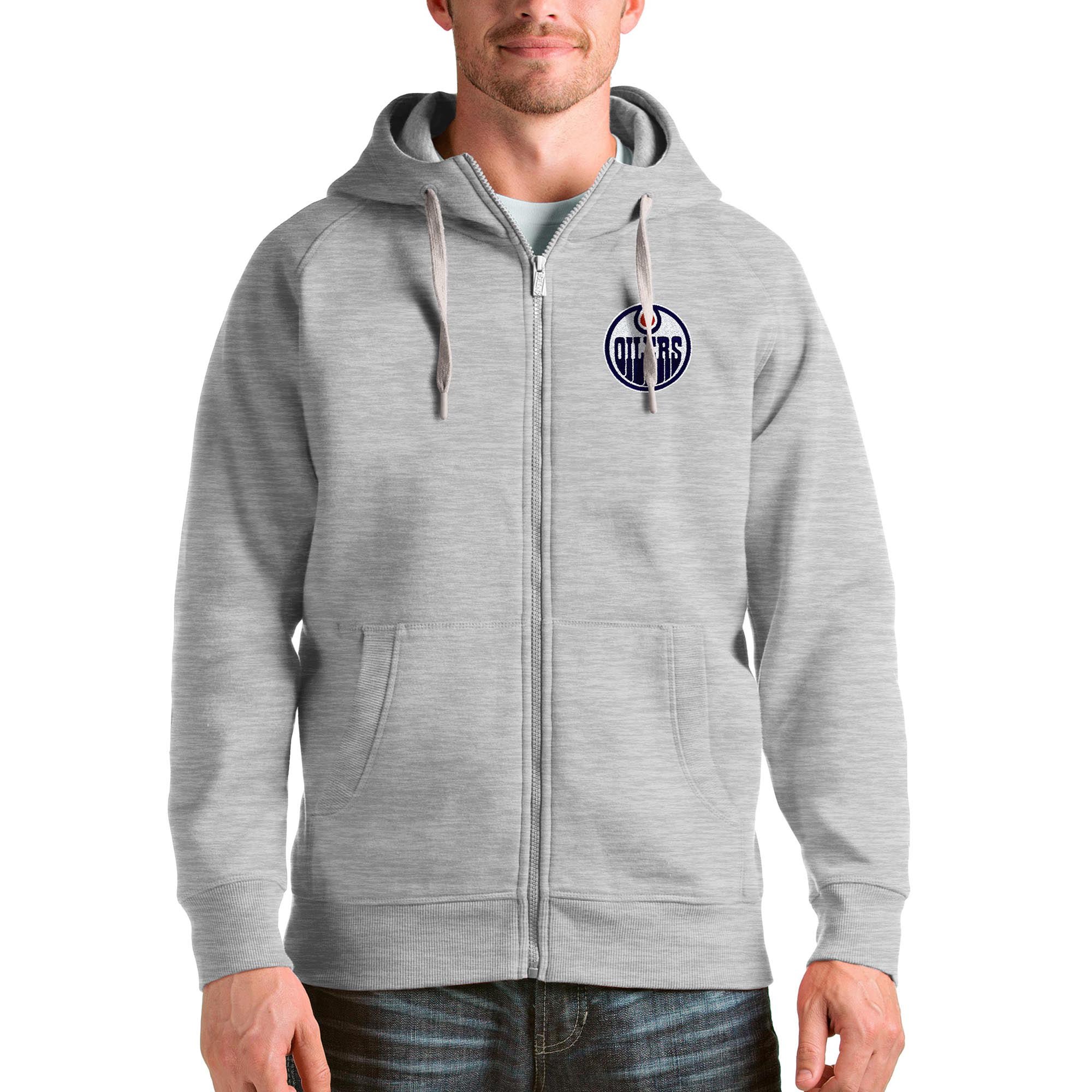 Men's Antigua Heathered Gray Edmonton Oilers Logo Victory Full-Zip Hoodie