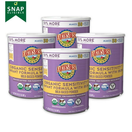 Earth's Best Sensitivity Organic Powder Baby Formula with Iron, 32 oz Canister (4 Pack)