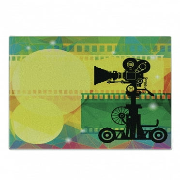 Movie Theater Cutting Board, Abstract and Vibrant Colored Composition with Strips Projection Silhouette, Decorative Tempered Glass Cutting and Serving Board, Small Size, Multicolor, by Ambesonne