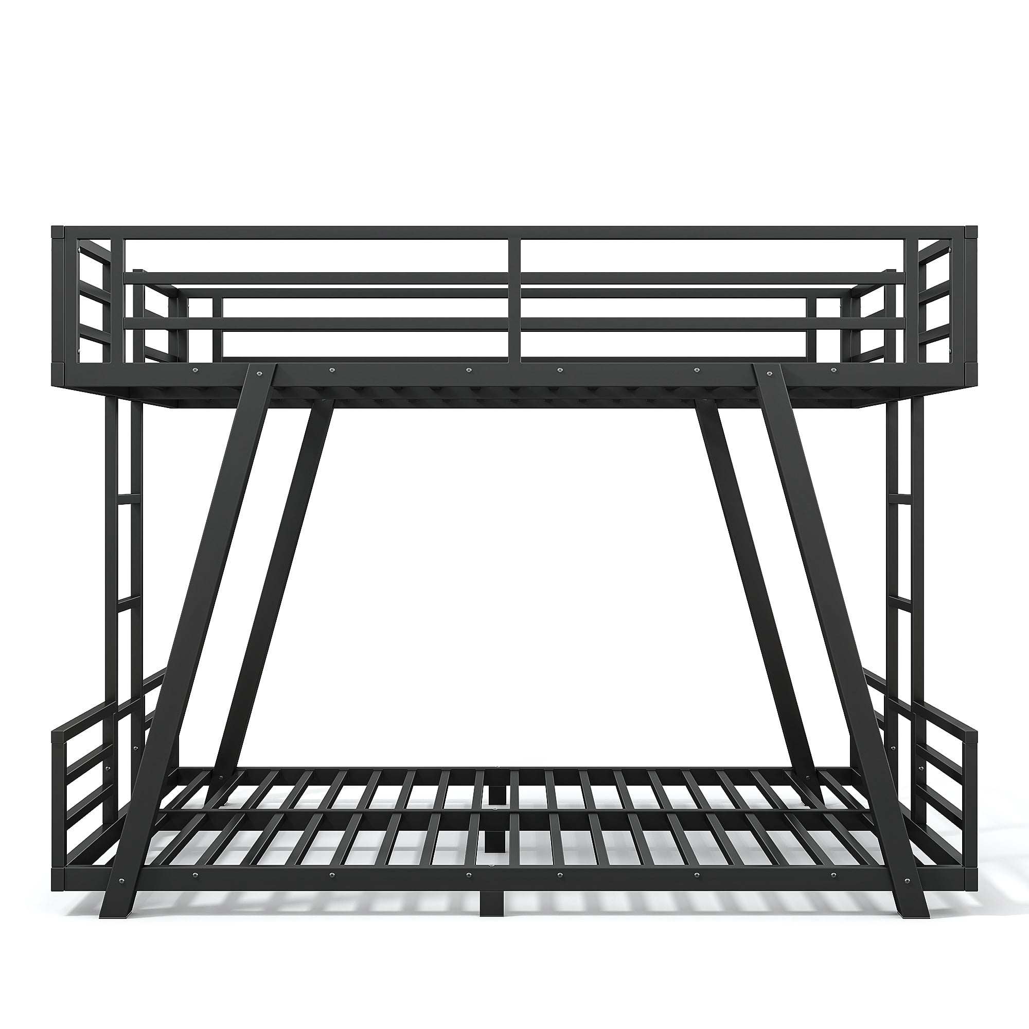 Leumius Full over Full Bunk Bed Frame with 2 Side Ladders, Metal Bunk Bed with Spdcial Support Leg Design and LED Light, Low Profile Bunk Bed for Teens Adults Black